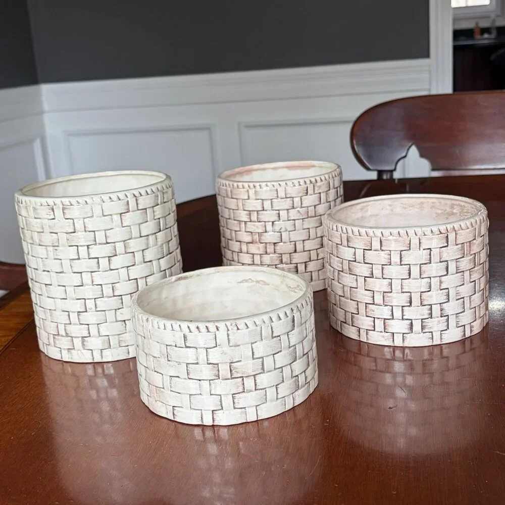 Vintage Set of 4 Faux Basket Weave Ceramic Planters Cachepots Farmhouse Rustic - Picture 11 of 11